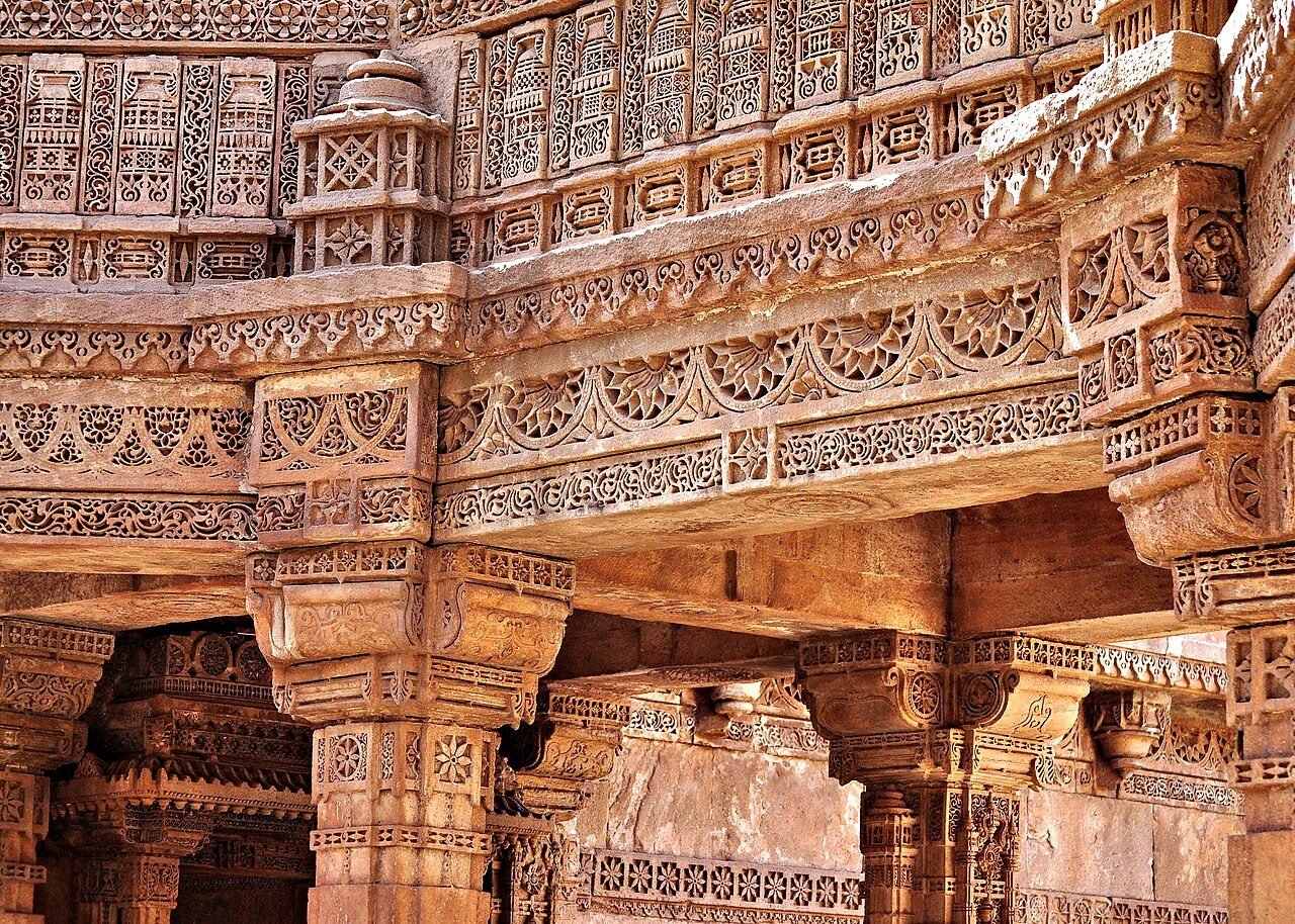 Real photograph of the five-story carved sandstone Adalaj Stepwell in Ahmedabad