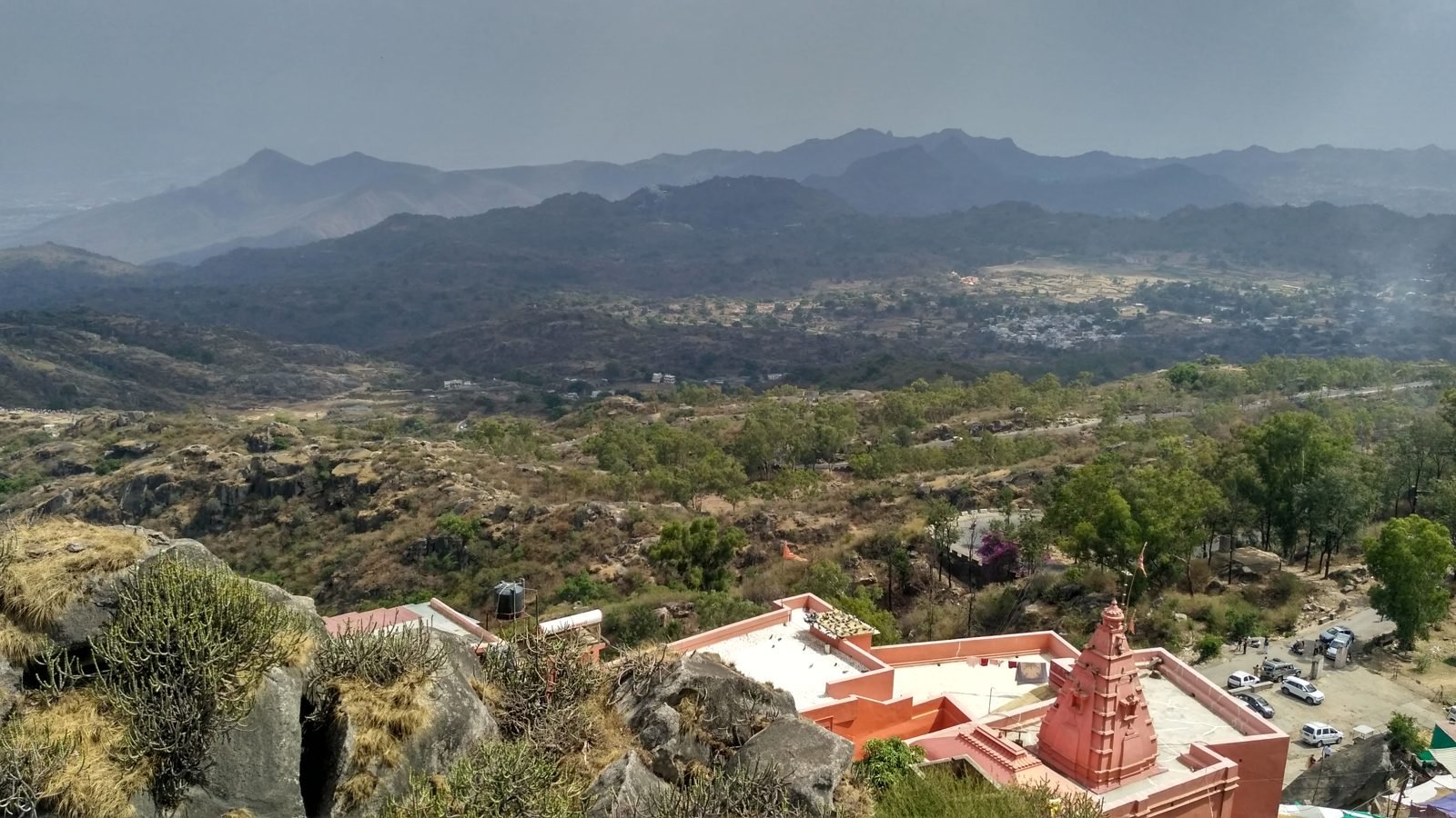 Panoramic view of the summit road and mountain landscape at Guru Shikhar, Mount Abu